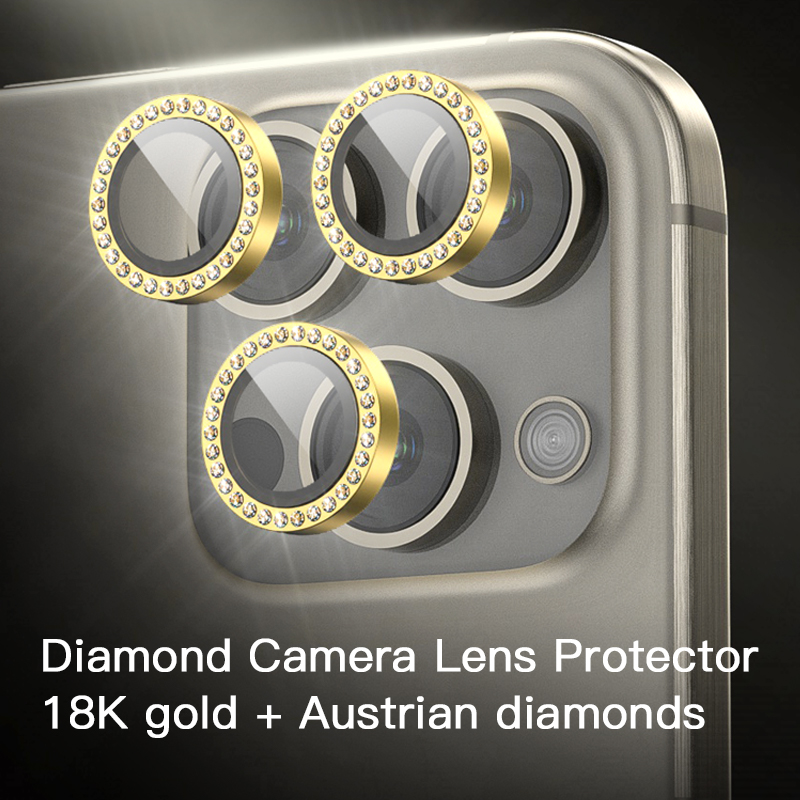 패션 OEM 18K 골드+오스트리아 다이아몬드 다채로운 스크래치 방지 강화 유리 아이폰 카메라 렌즈 보호 장치